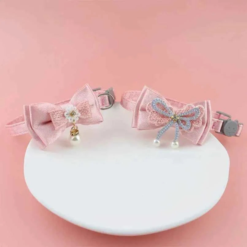 Pet Collar Pink Lace Bow Hanging Bead Cat Choker Bell - Stylish Cat Collar with Bell