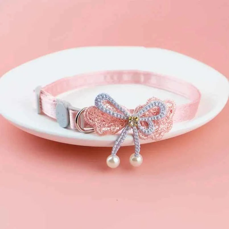 Pet Collar Pink Lace Bow Hanging Bead Cat Choker Bell - Stylish Cat Collar with Bell