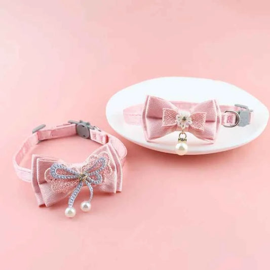 Pet Collar Pink Lace Bow Hanging Bead Cat Choker Bell - Stylish Cat Collar with Bell