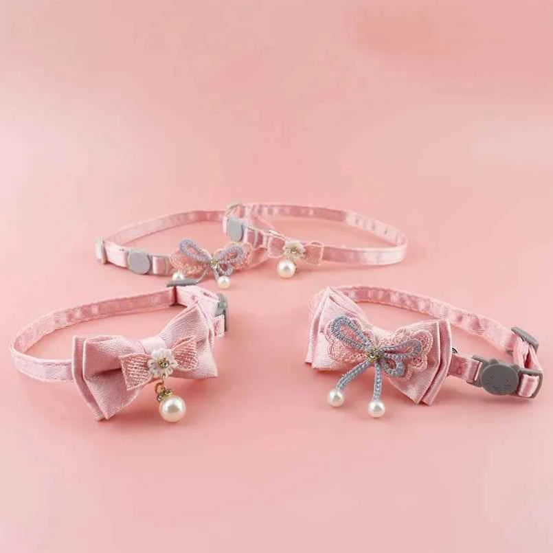 Pet Collar Pink Lace Bow Hanging Bead Cat Choker Bell - Stylish Cat Collar with Bell