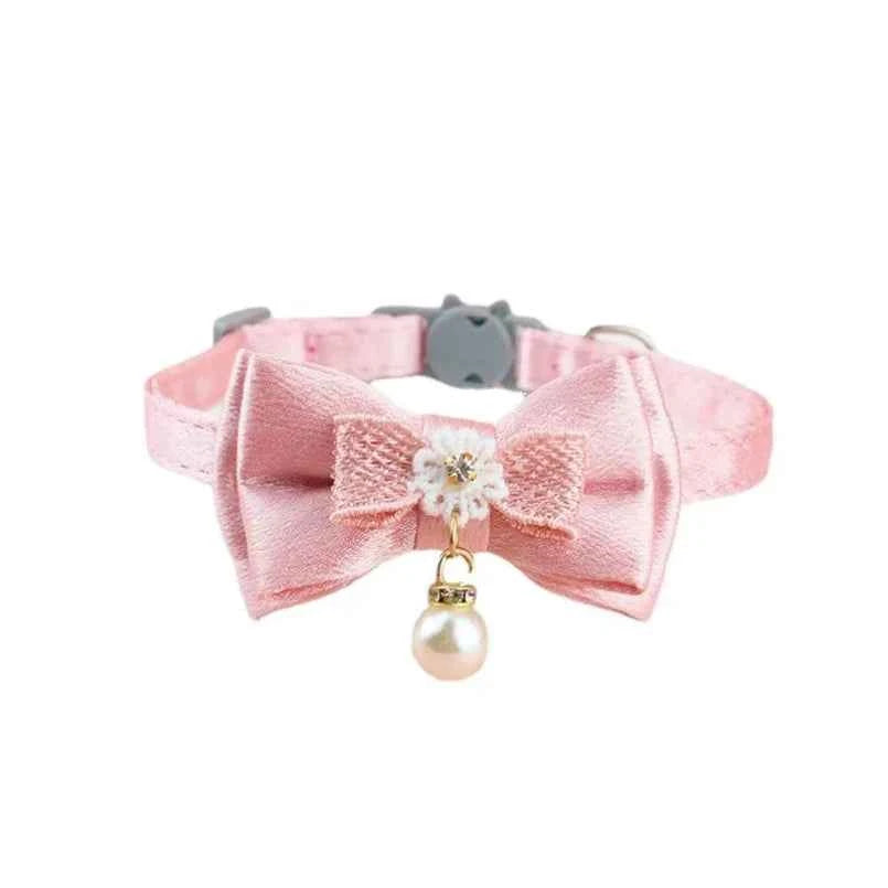 Pet Collar Pink Lace Bow Hanging Bead Cat Choker Bell - Stylish Cat Collar with Bell