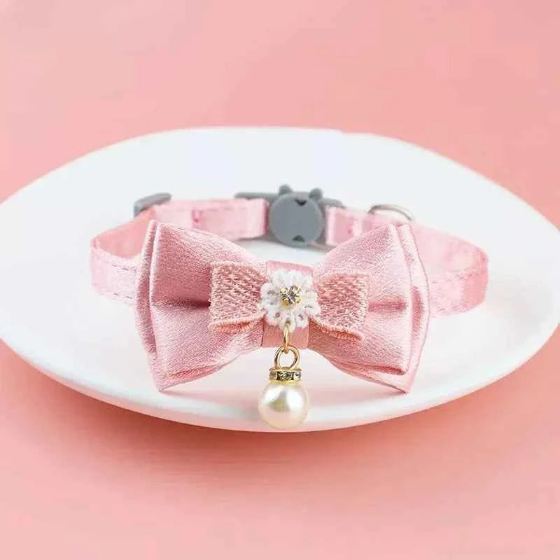 Pet Collar Pink Lace Bow Hanging Bead Cat Choker Bell - Stylish Cat Collar with Bell