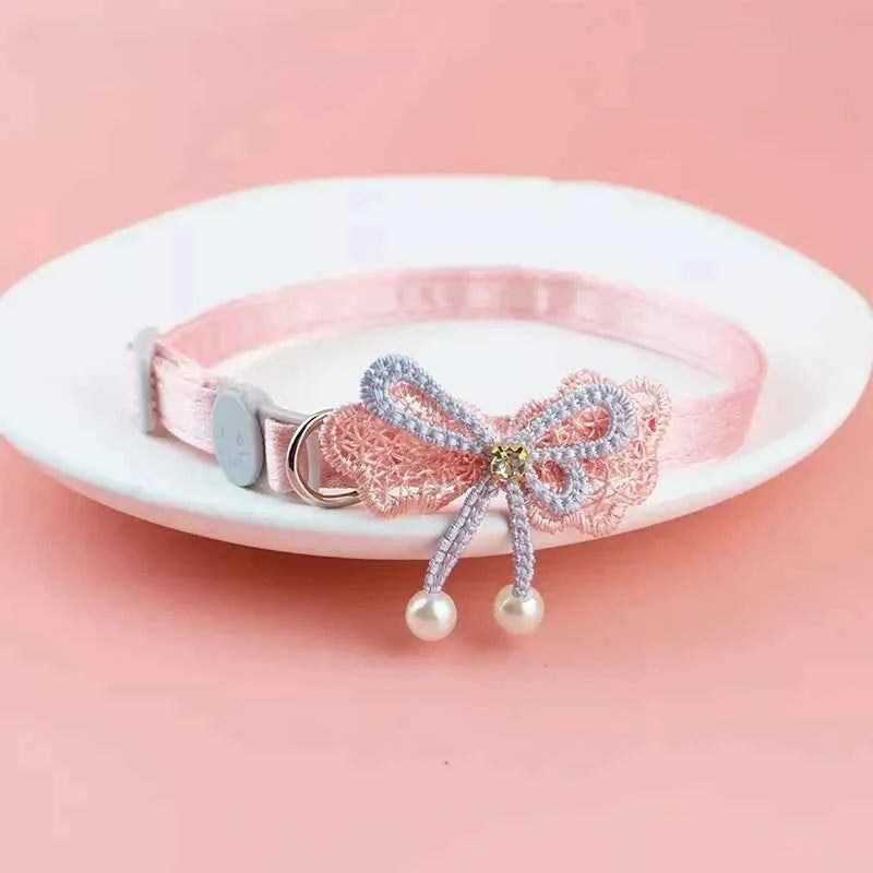 Pet Collar Pink Lace Bow Hanging Bead Cat Choker Bell - Stylish Cat Collar with Bell