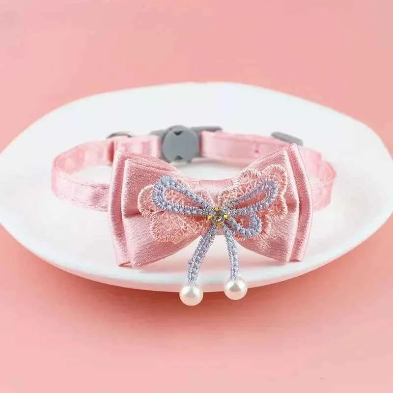 Pet Collar Pink Lace Bow Hanging Bead Cat Choker Bell - Stylish Cat Collar with Bell